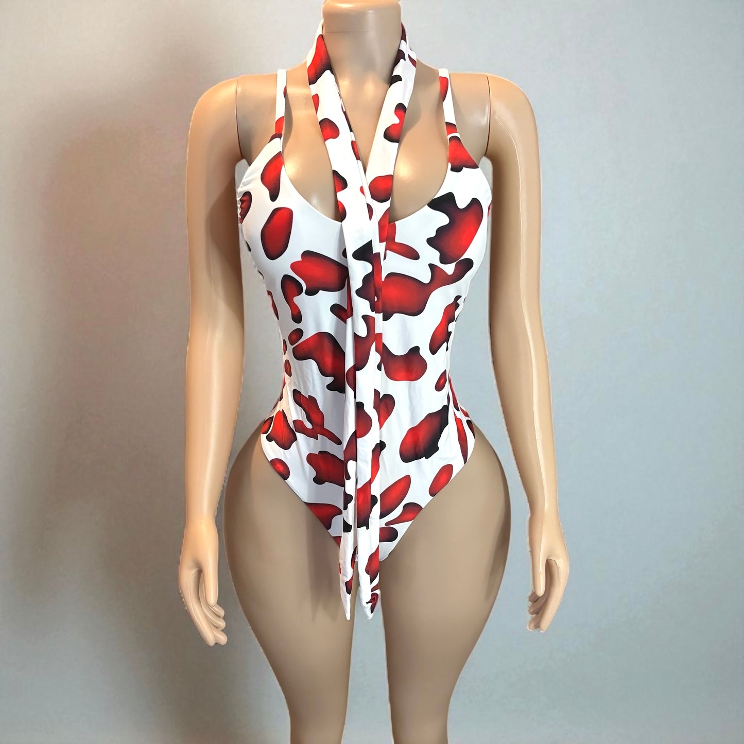 Red and White High Cut Women One-piece With Sash
