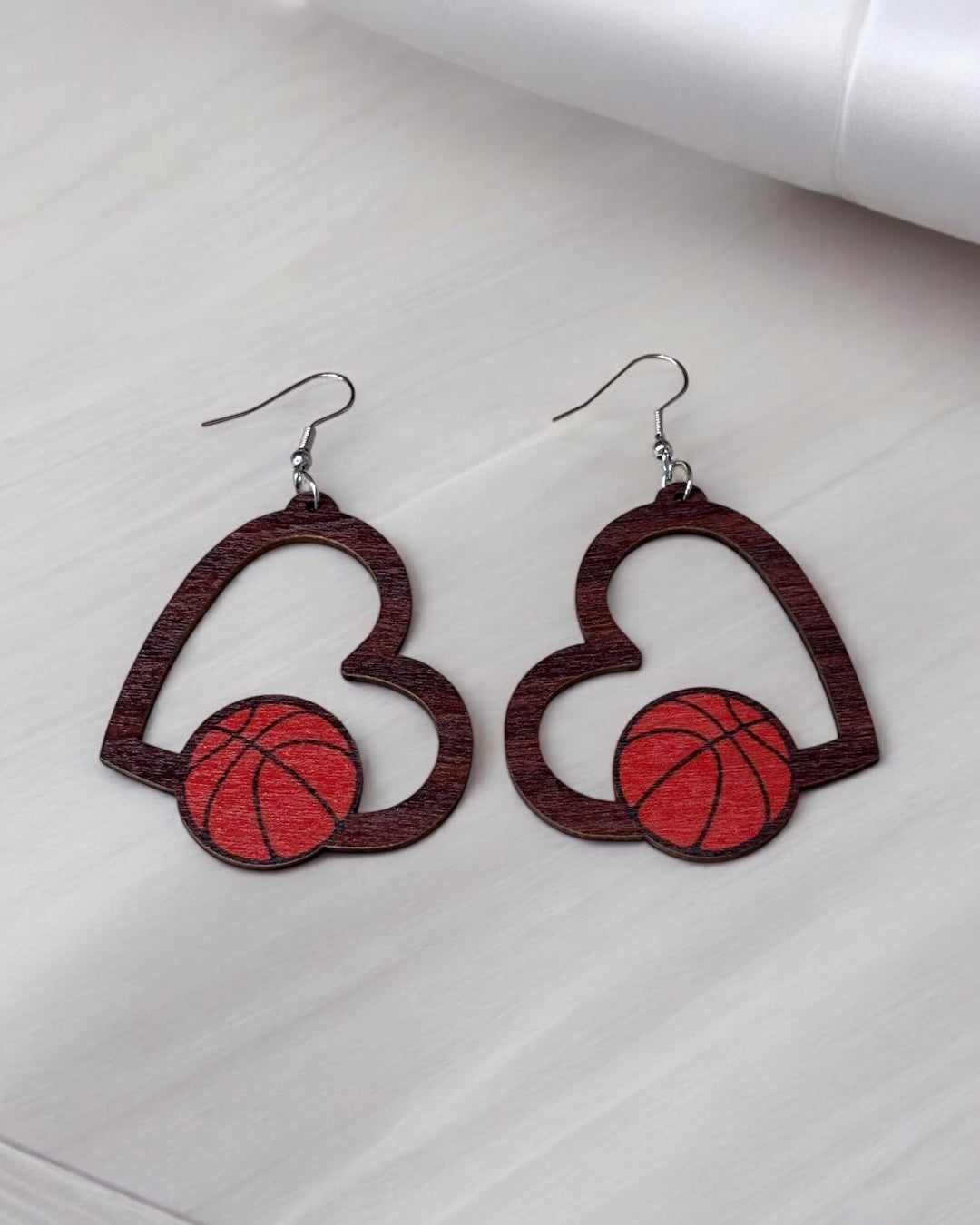Heart Basketball Wood Earring