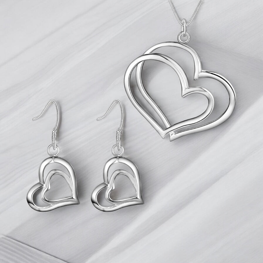 Conjunto de joyas de plata con doble corazón para mujer