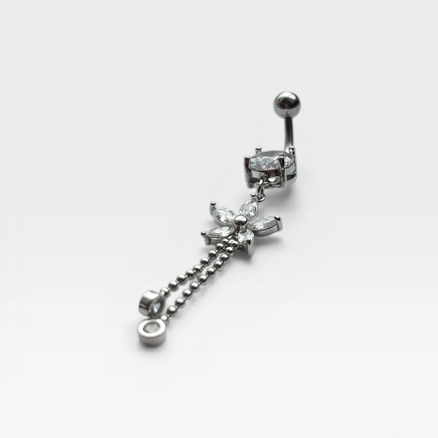 Silver Crystal Flower Dangle Belly Ring