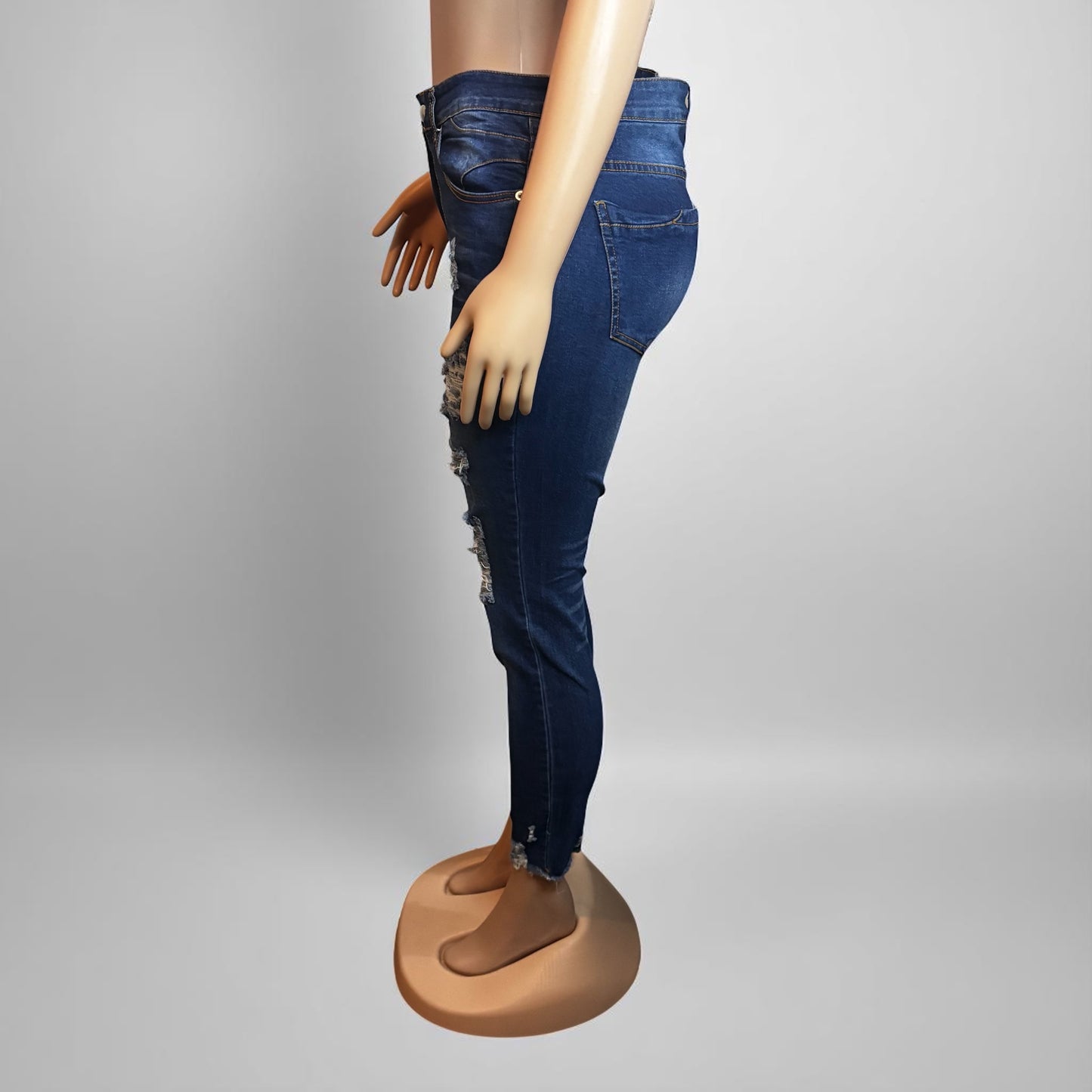 Blue Distressed Raw Hem Denim Pants