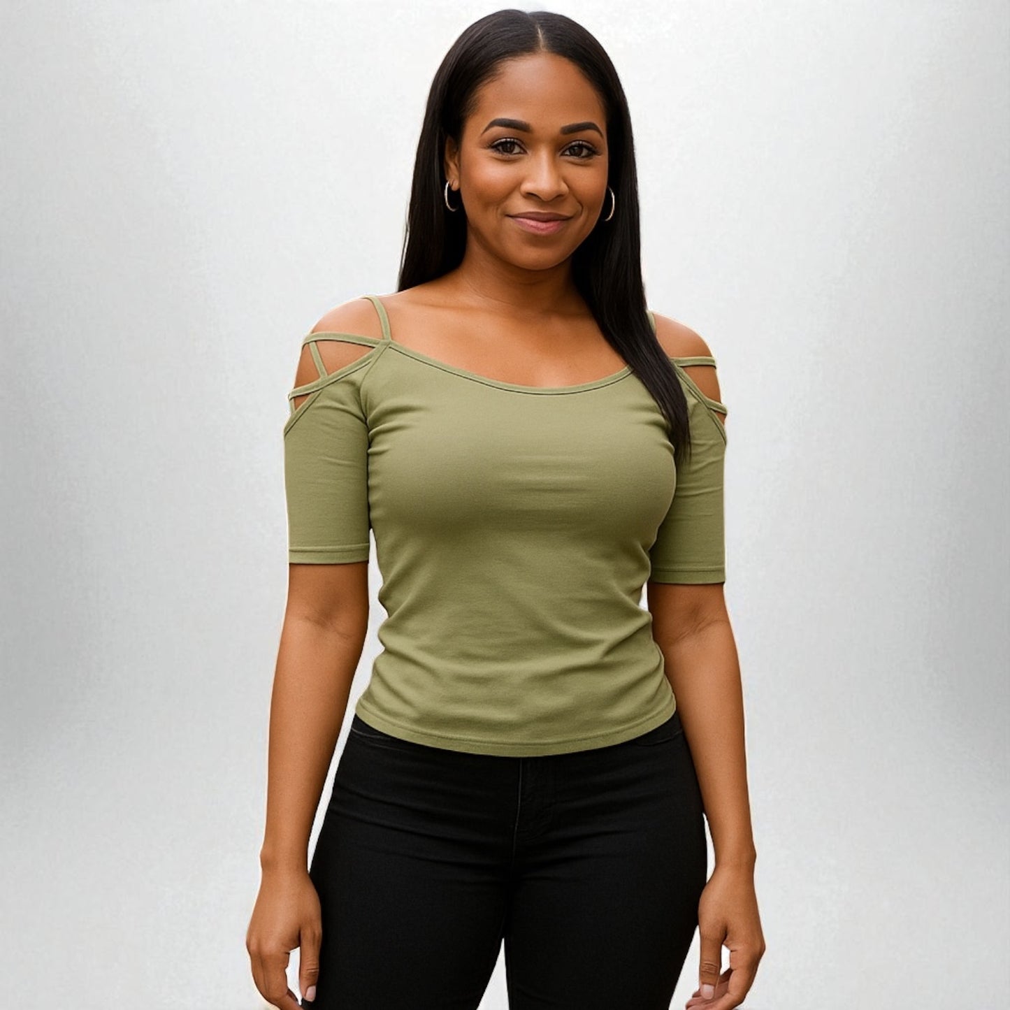 Solid Off Shoulder Top With Strappy Cut Sleeve