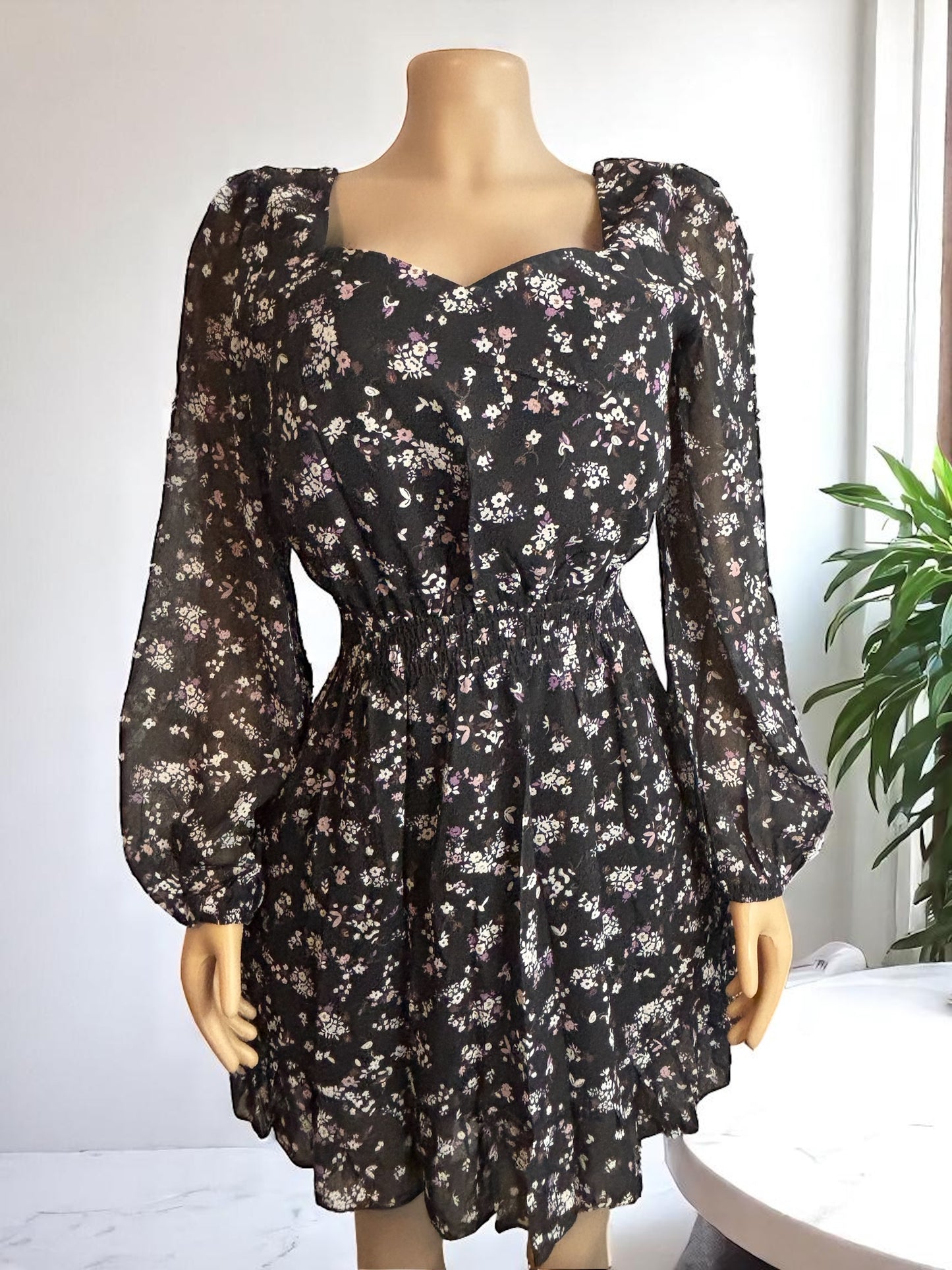 Black Ruffled Floral Short Dress