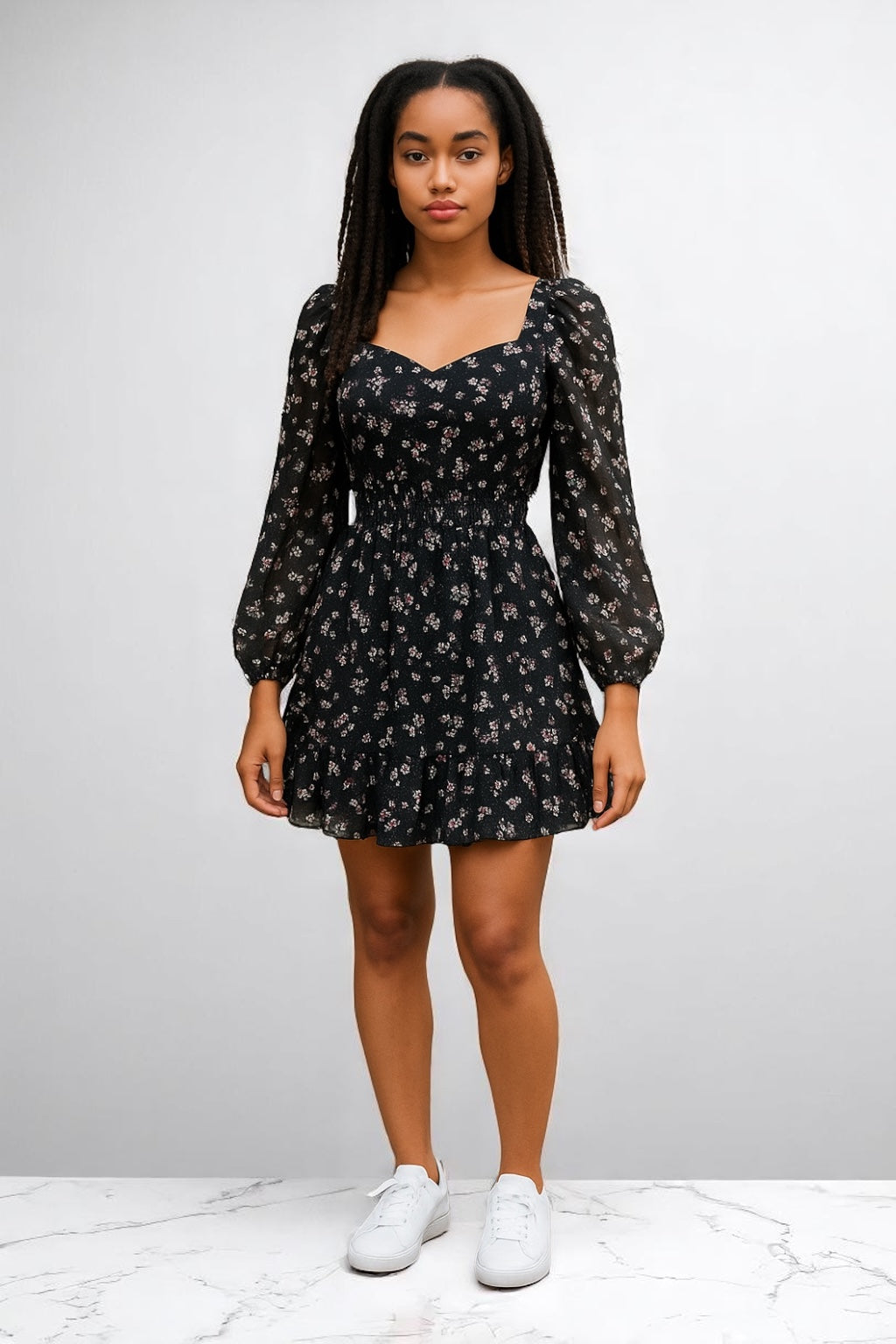 Black Ruffled Floral Short Dress