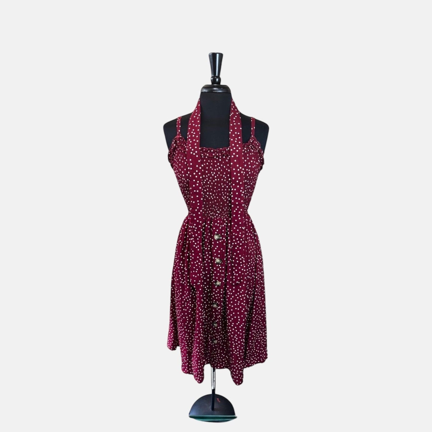 Polkadot Burgundy Ruffled Neckline Sundress