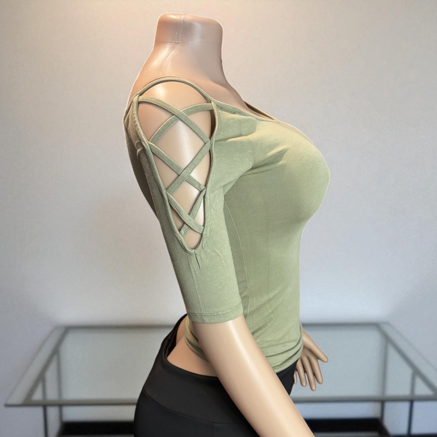 Solid Off Shoulder Top With Strappy Cut Sleeve