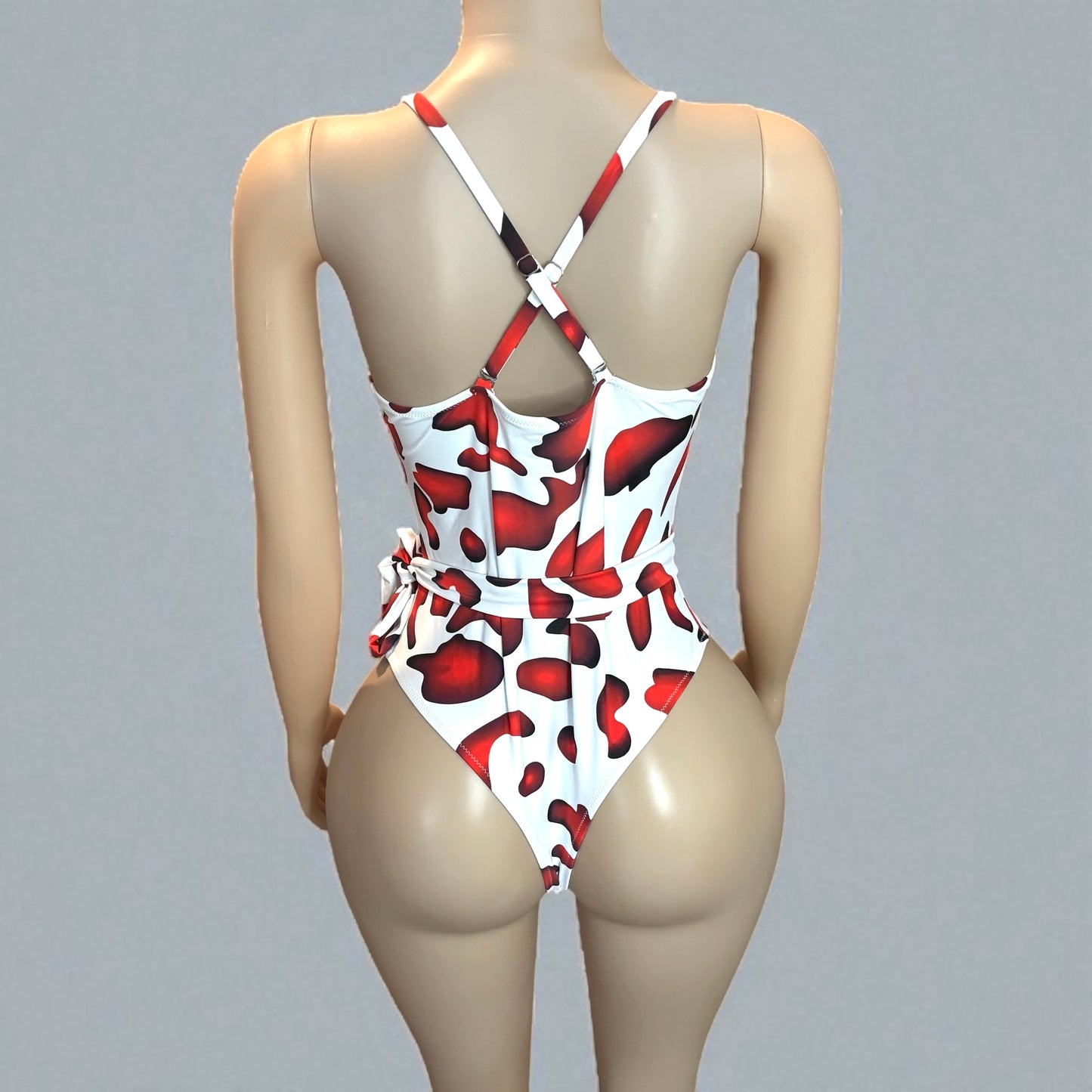 Red and White High Cut Women One-piece With Sash