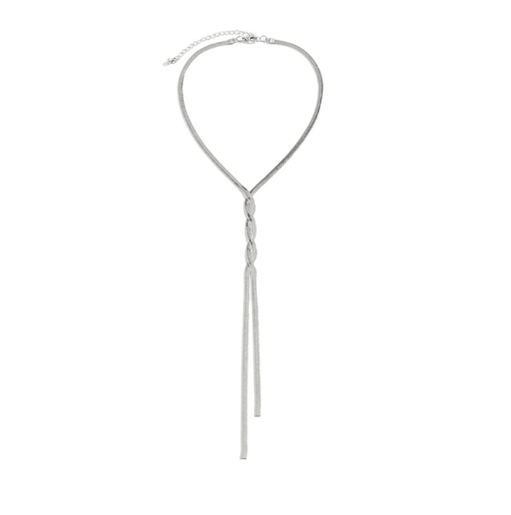 Flat Snake Long Silver Chain Necklace