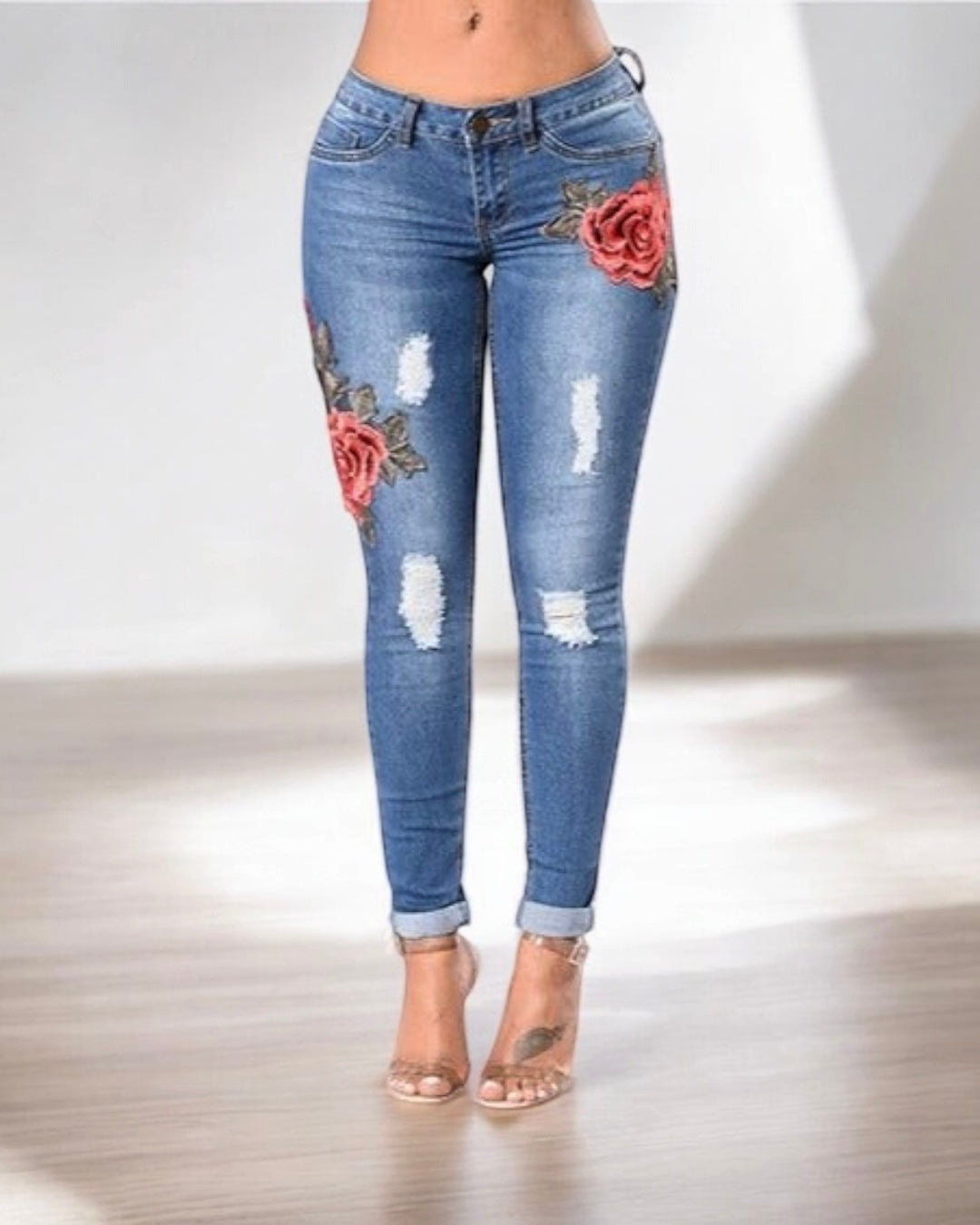 Rose Print Women Blue Jeans