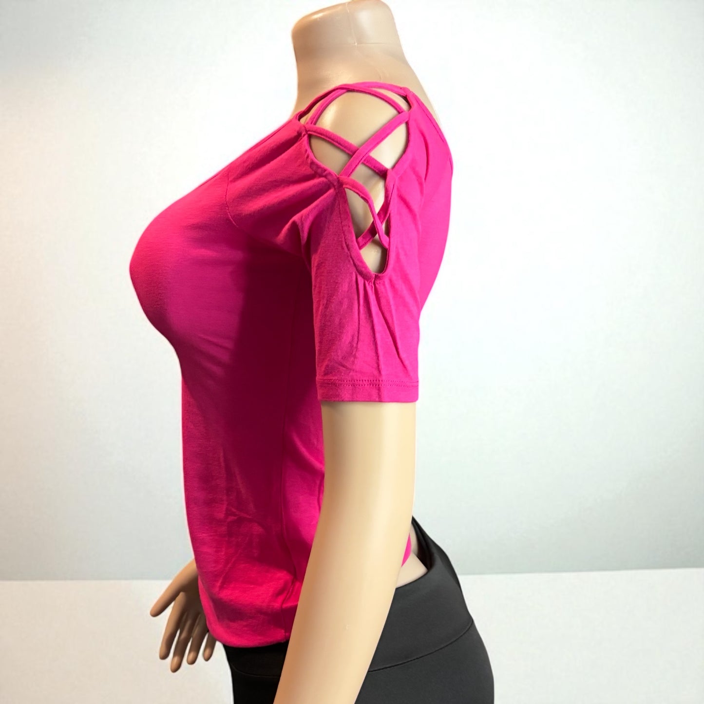 Solid Off Shoulder Top With Strappy Cut Sleeve