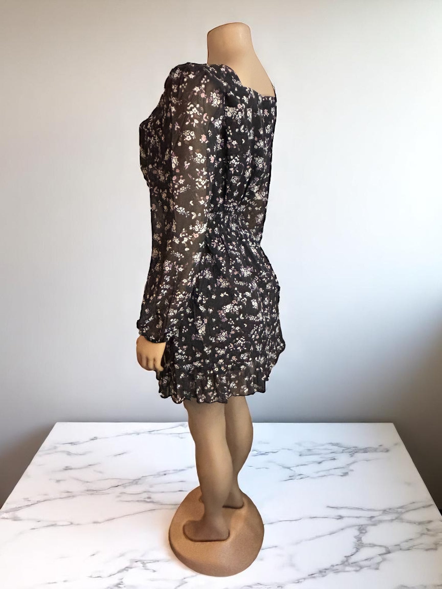 Black Ruffled Floral Short Dress