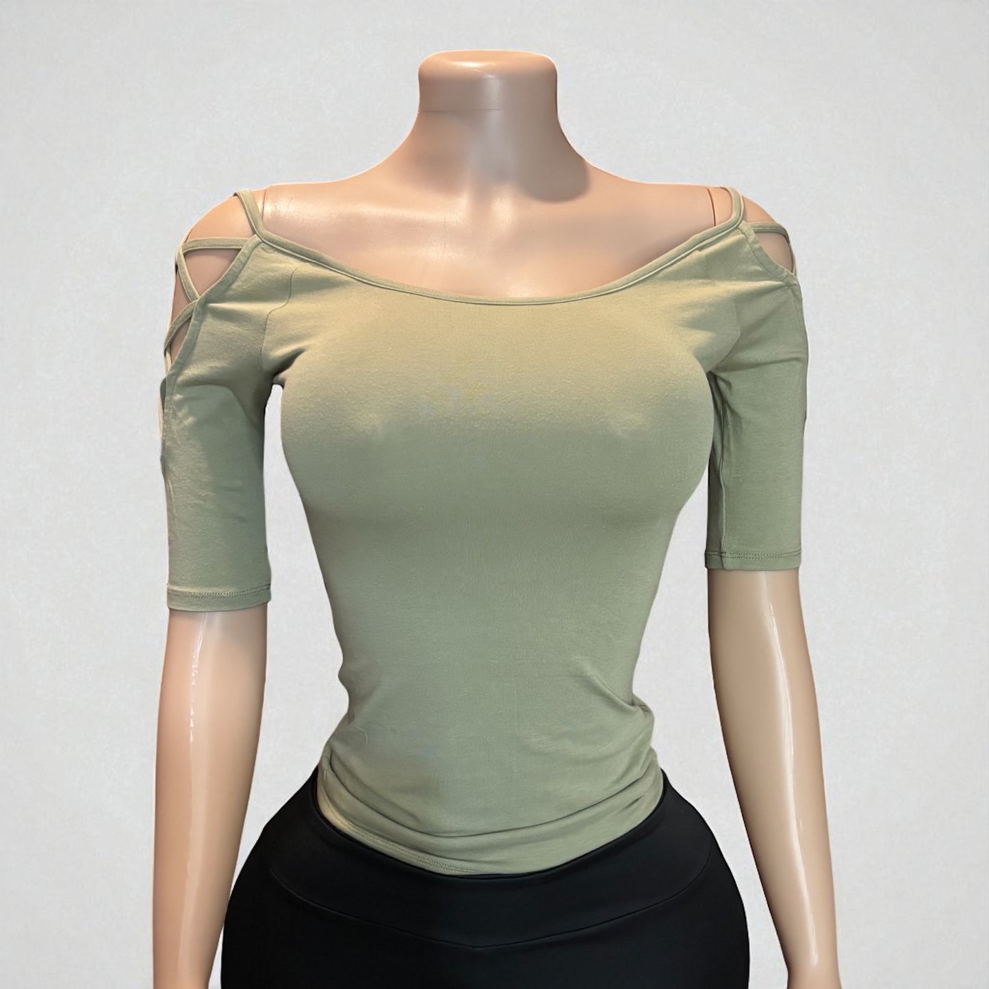 Solid Off Shoulder Top With Strappy Cut Sleeve