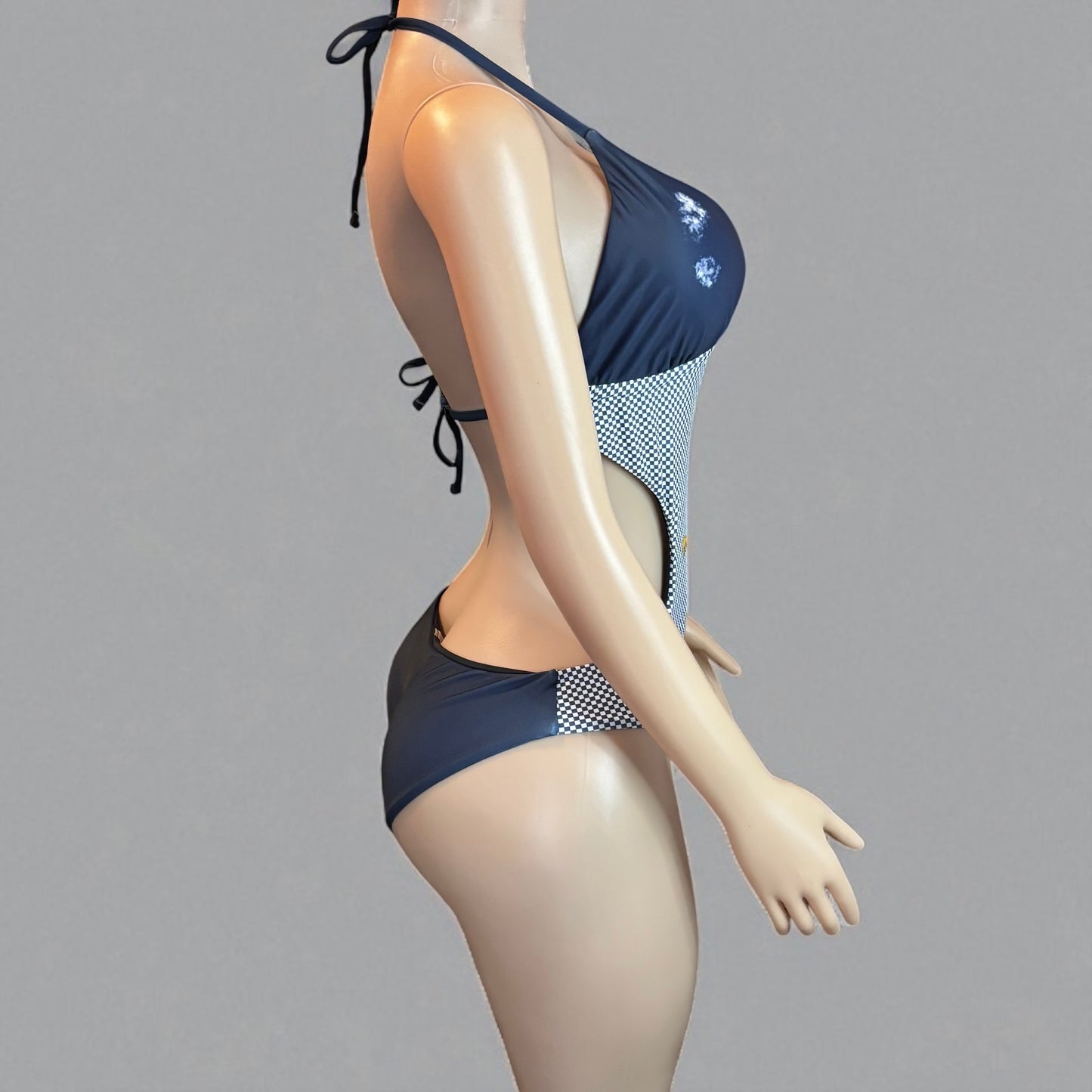 V Neck Women Navy Blue Halter Swimsuit