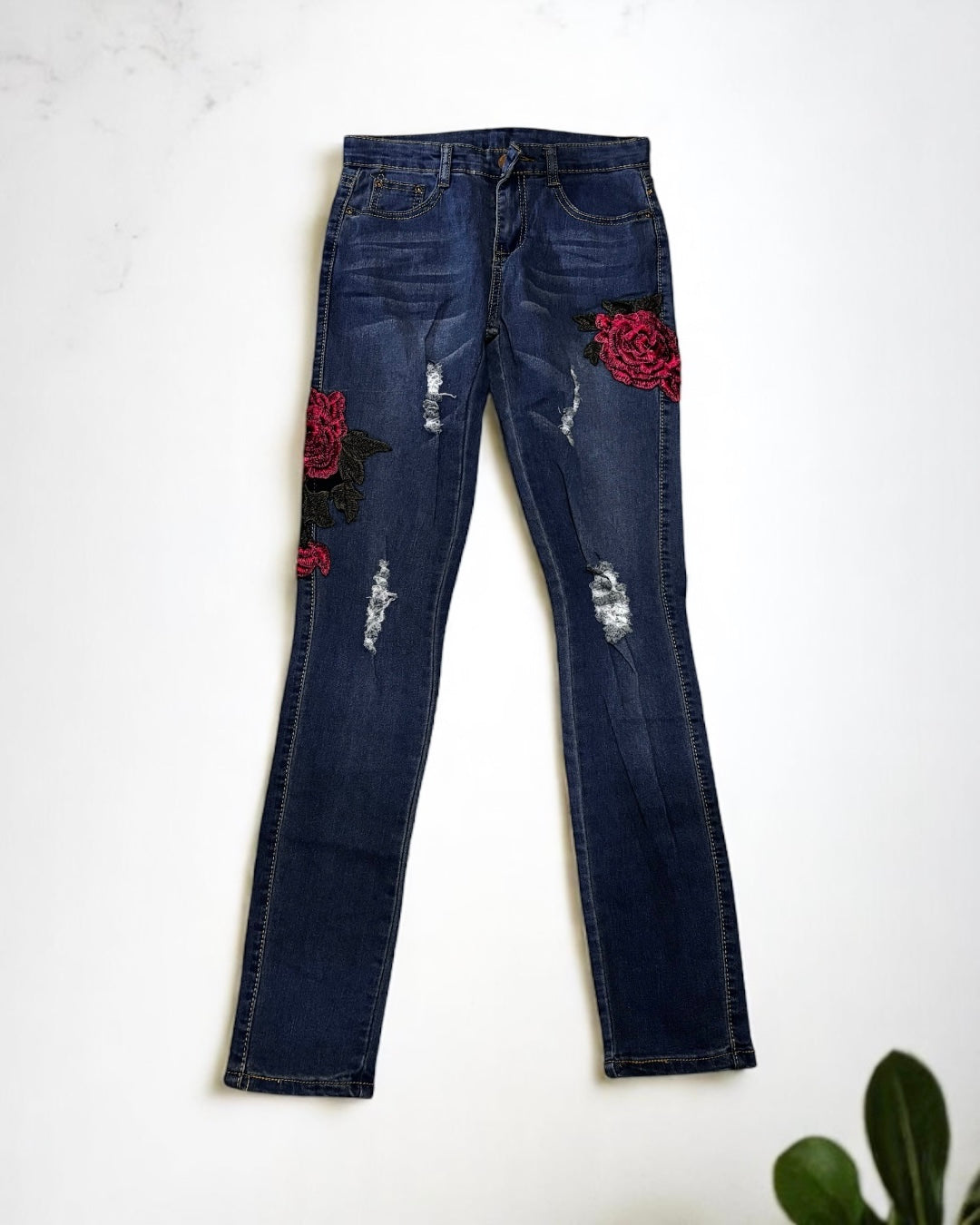 Rose Print Women Blue Jeans