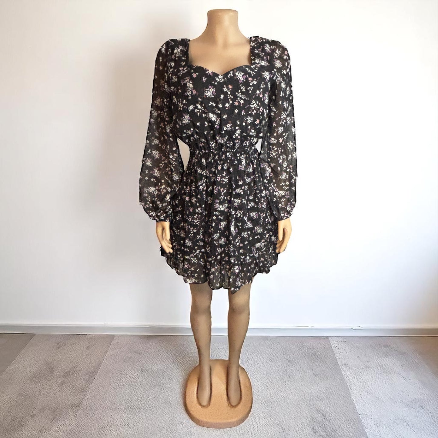 Black Ruffled Floral Short Dress