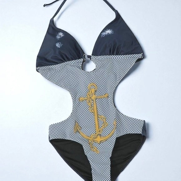 V Neck Women Navy Blue Halter Swimsuit