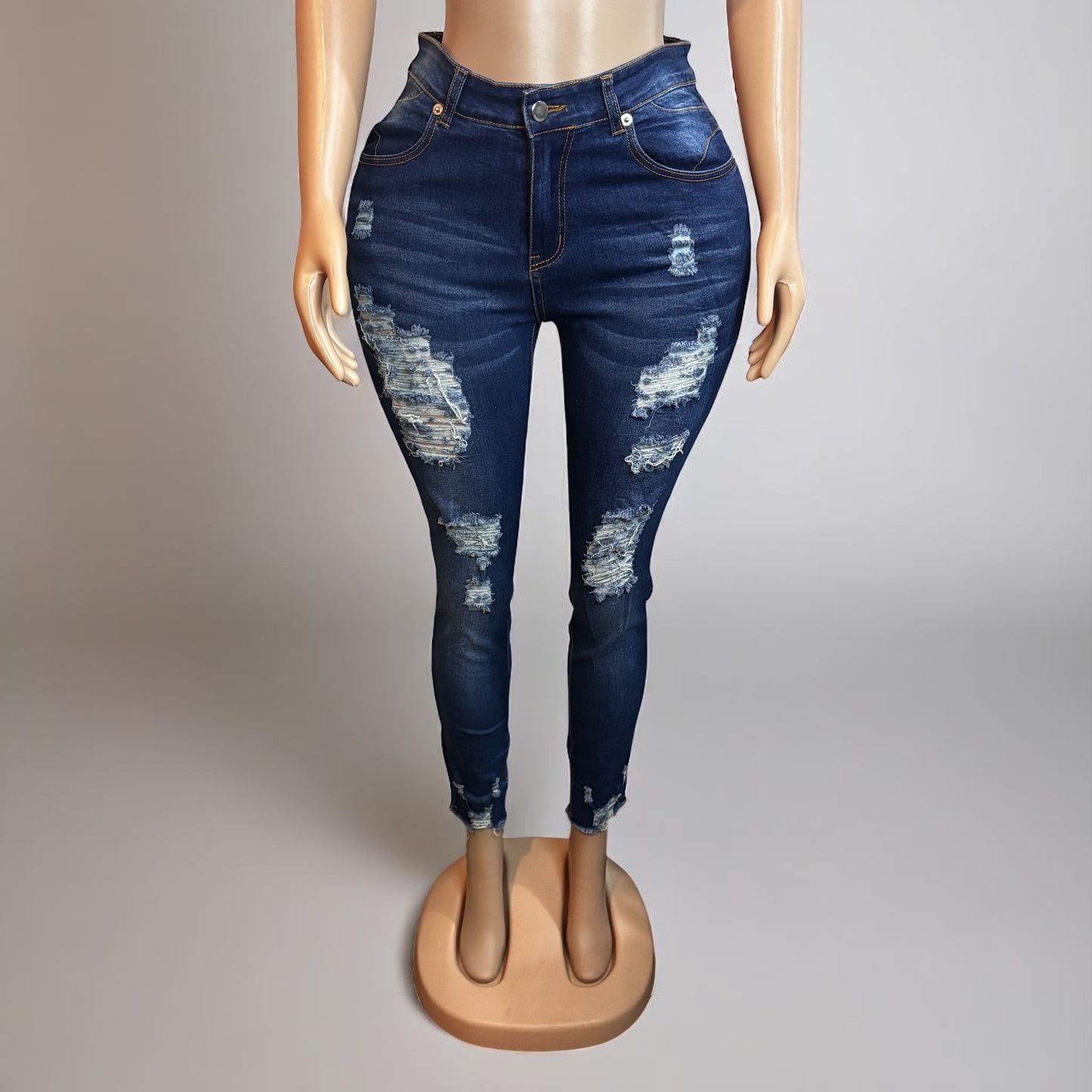 Blue Distressed Raw Hem Denim Pants