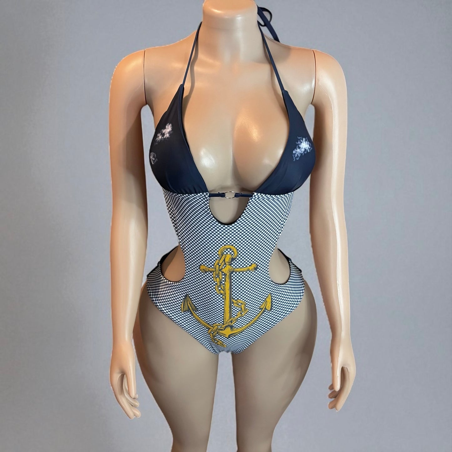 V Neck Women Navy Blue Halter Swimsuit