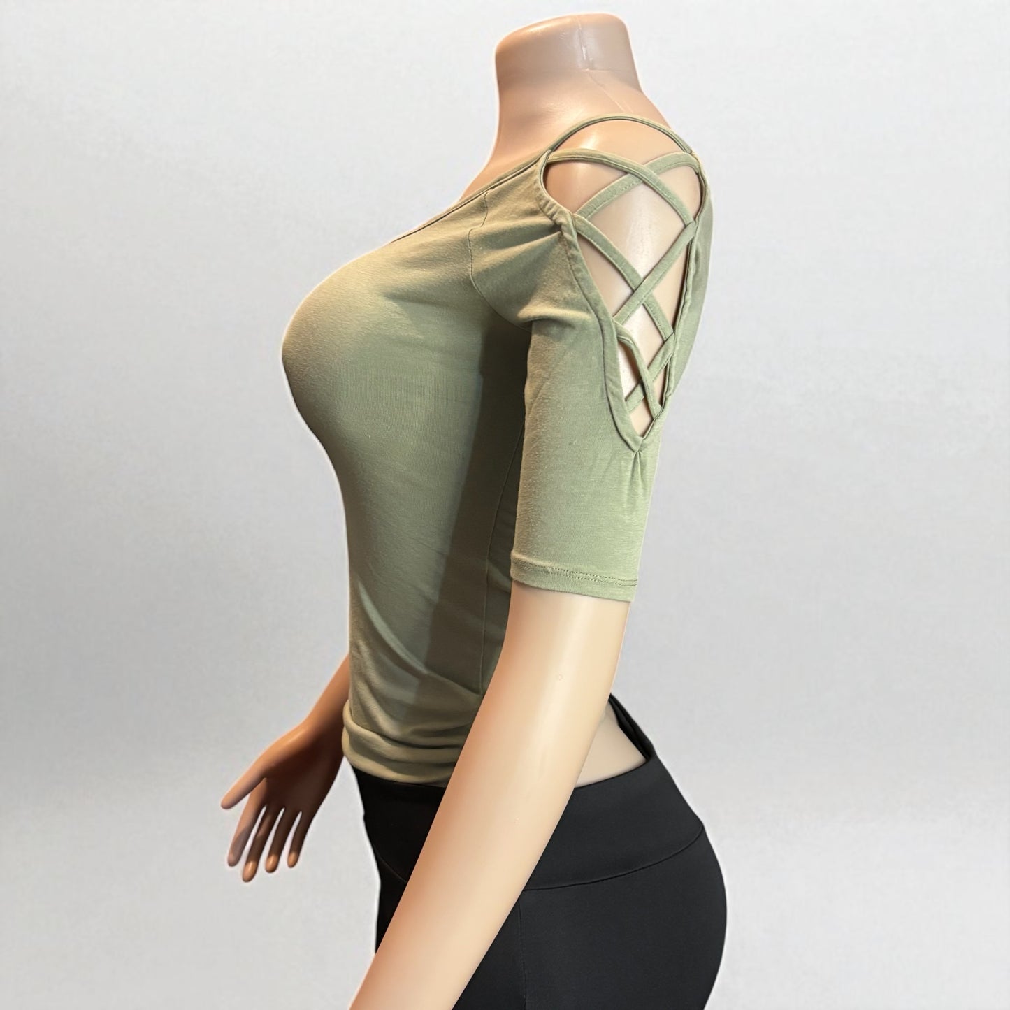 Solid Off Shoulder Top With Strappy Cut Sleeve