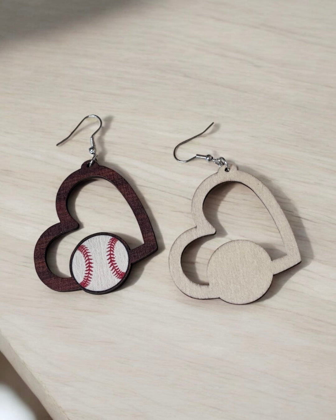 Heart Baseball Wood Earring