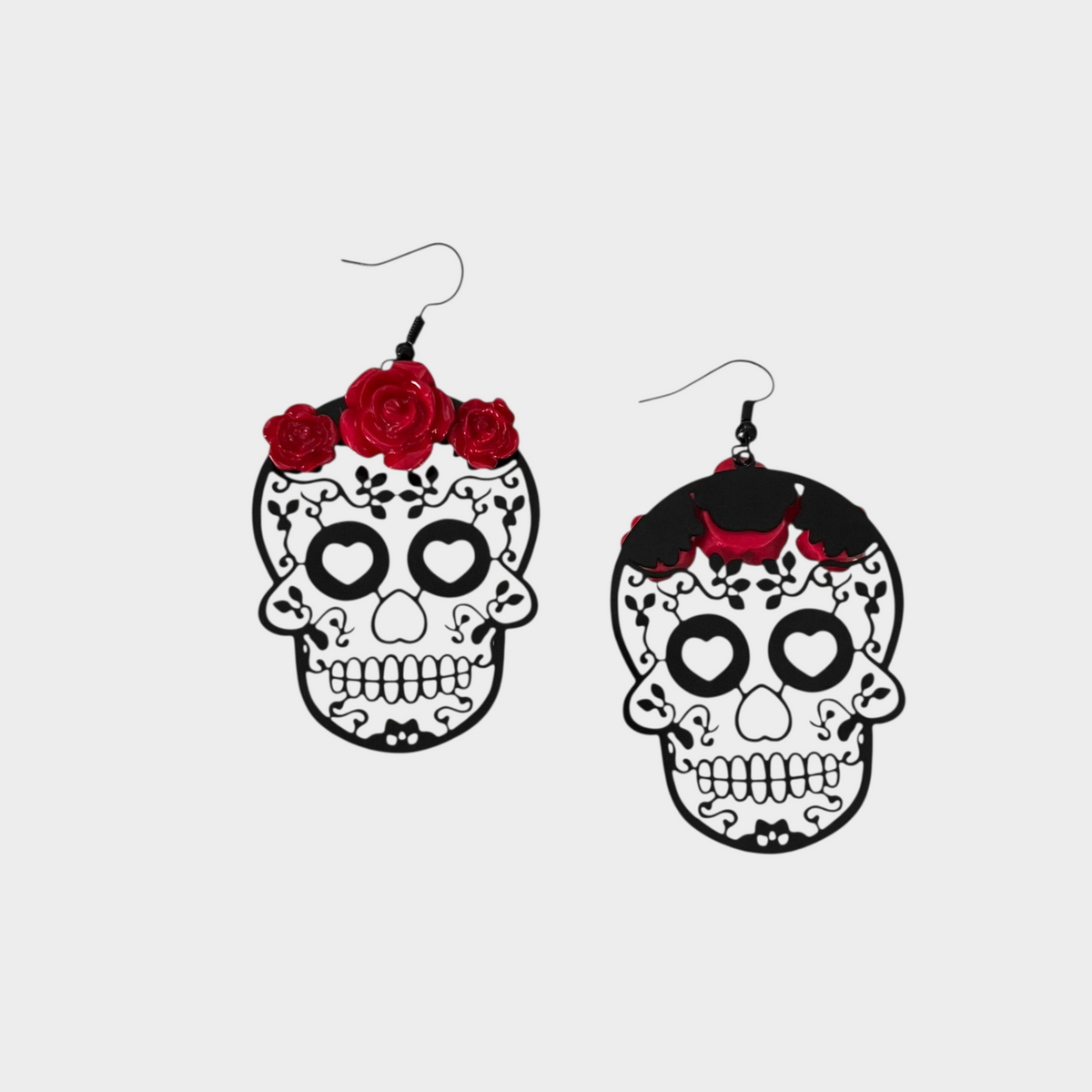 Red Rose Sugar Skull Drop Earrings