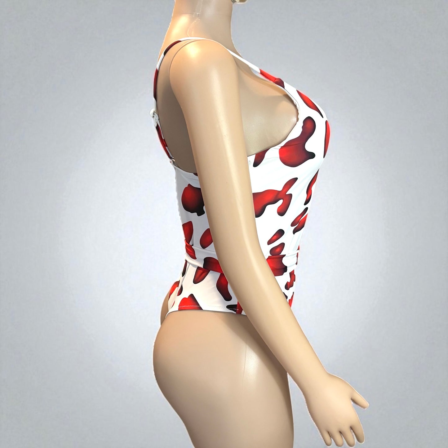 Red and White High Cut Women One-piece With Sash