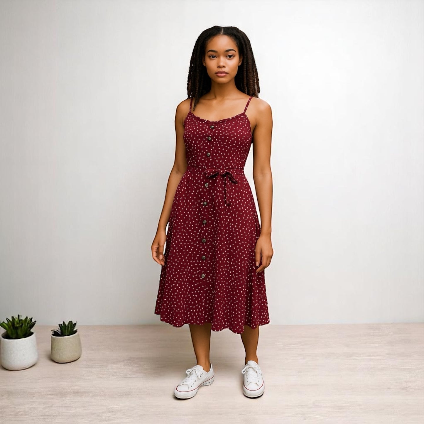 Floral Burgundy Ruffled Neckline Sundress