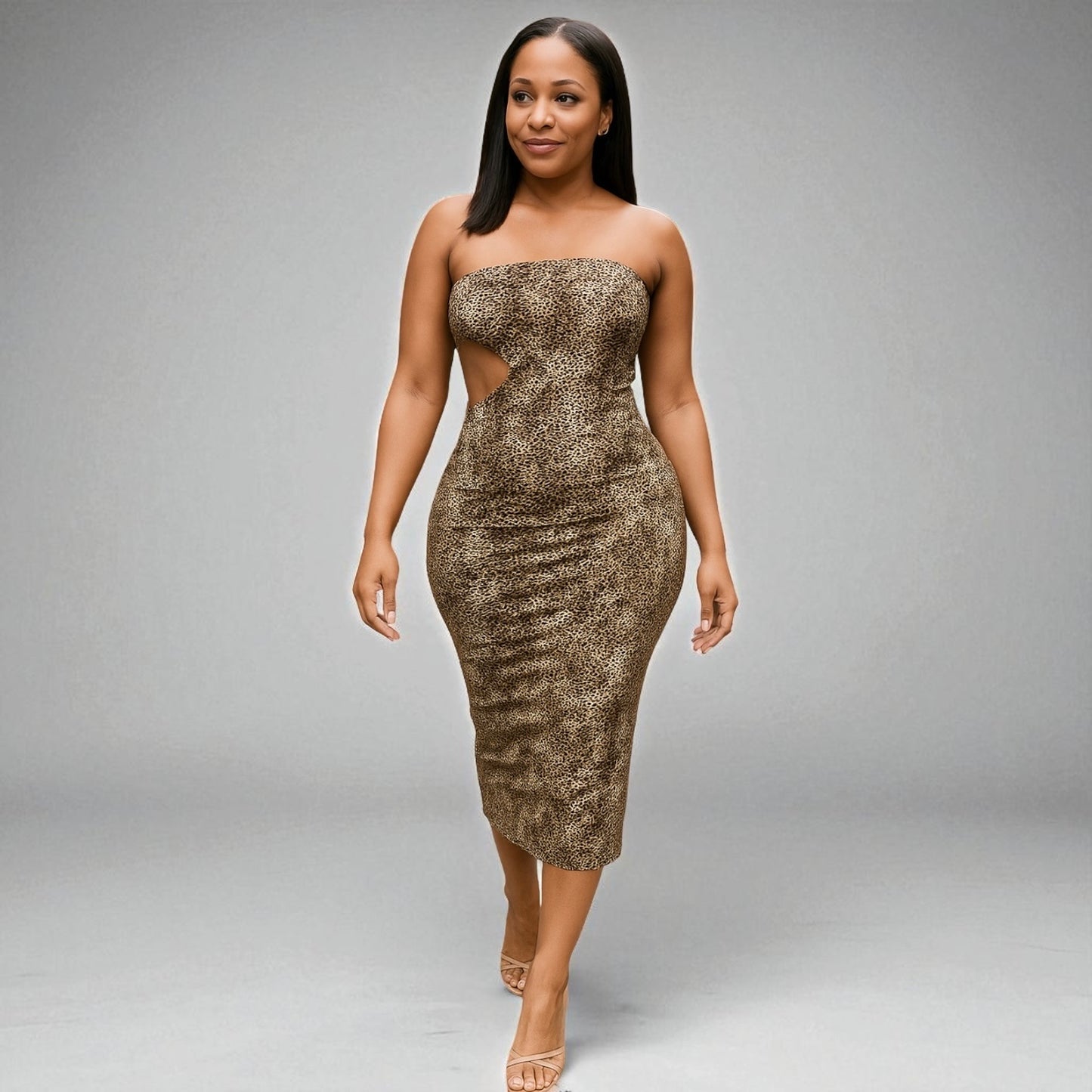 Leopard Print Strapless Midi Dress