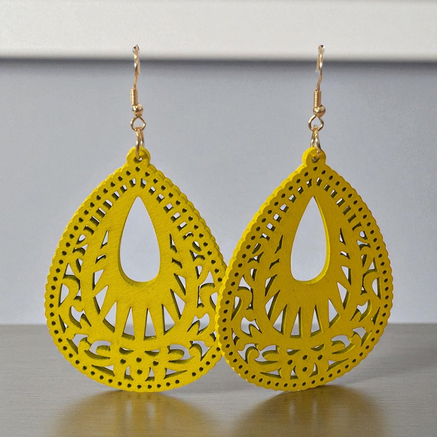 Wood Yellow Hollow Out Drop Earrings