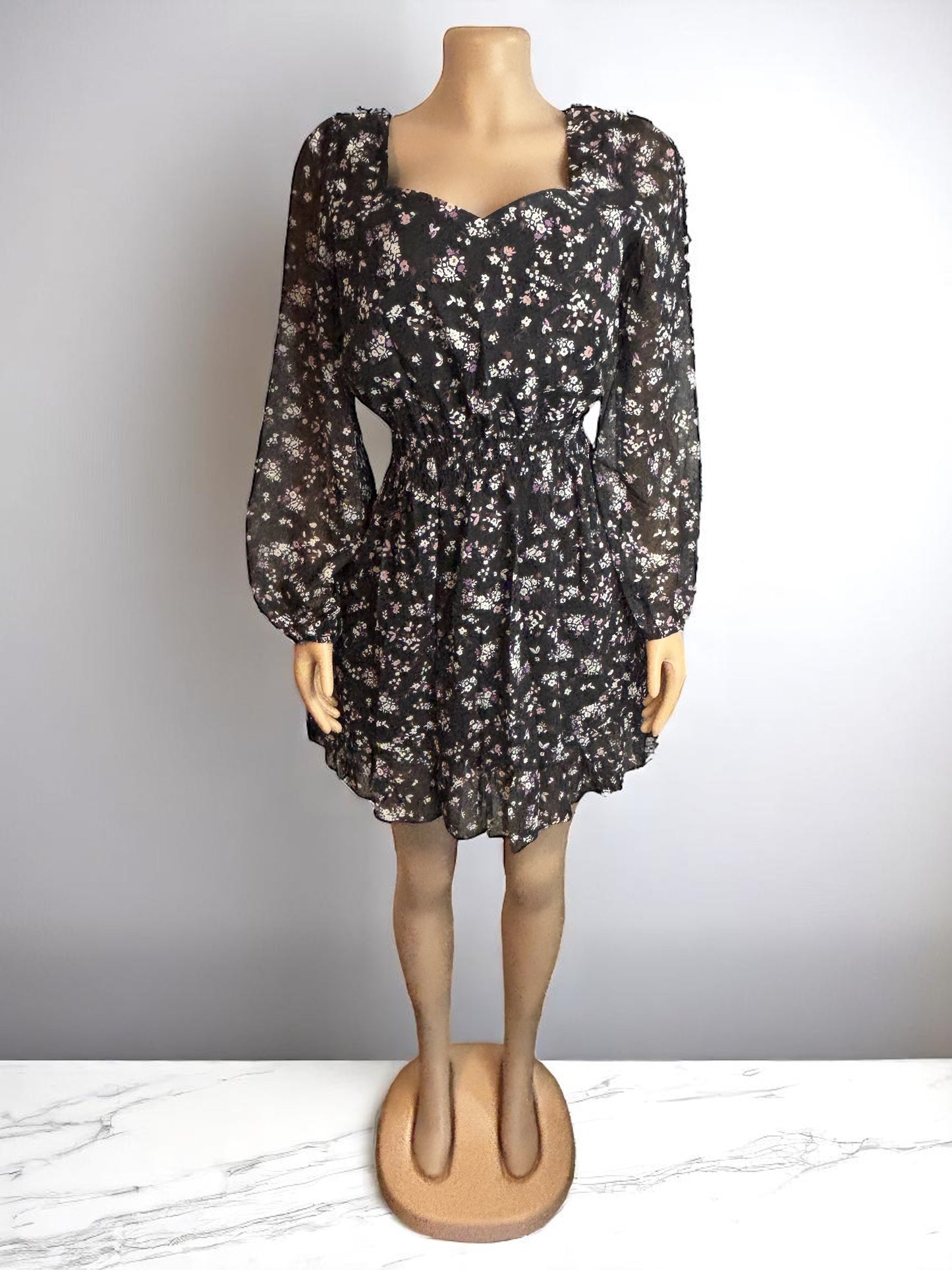 Black Ruffled Floral Short Dress