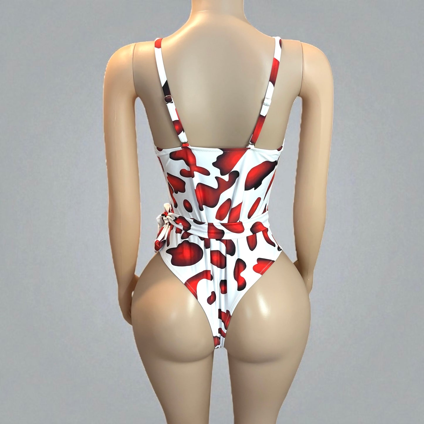 Red and White High Cut Women One-piece With Sash