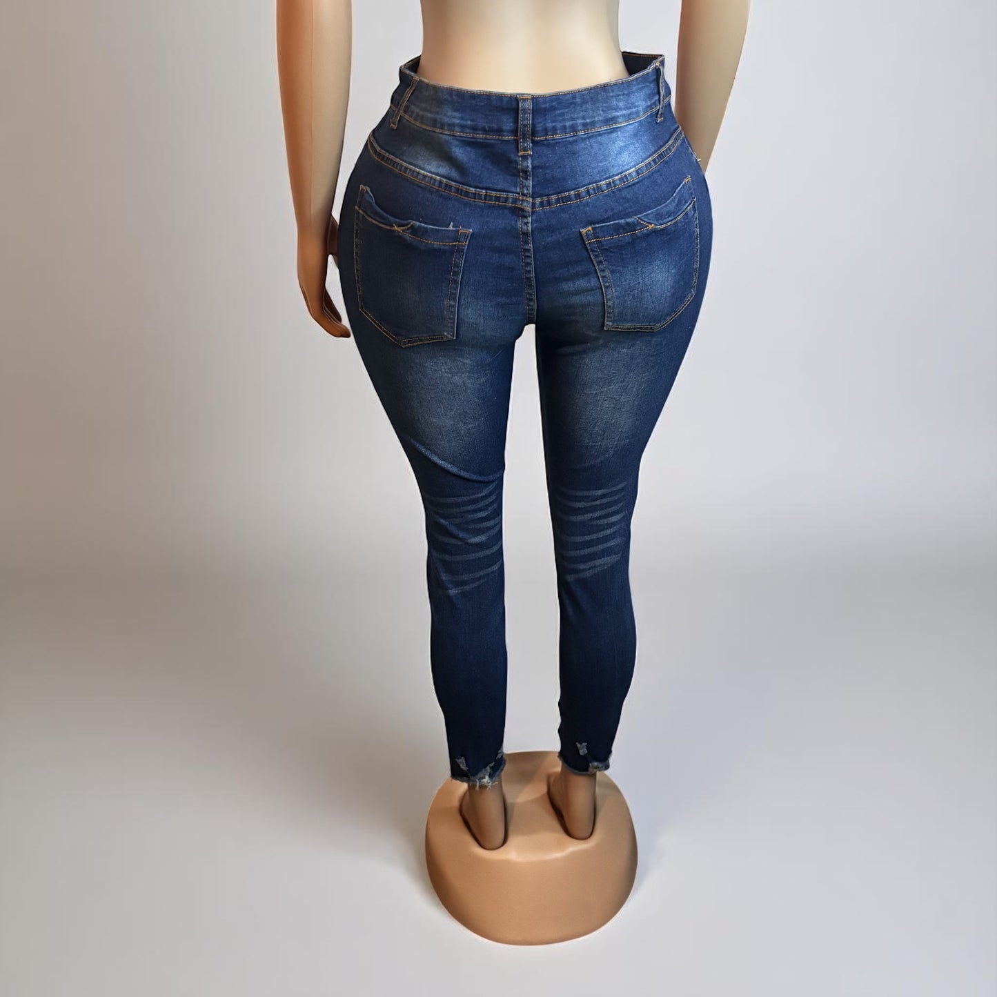 Blue Distressed Raw Hem Denim Pants
