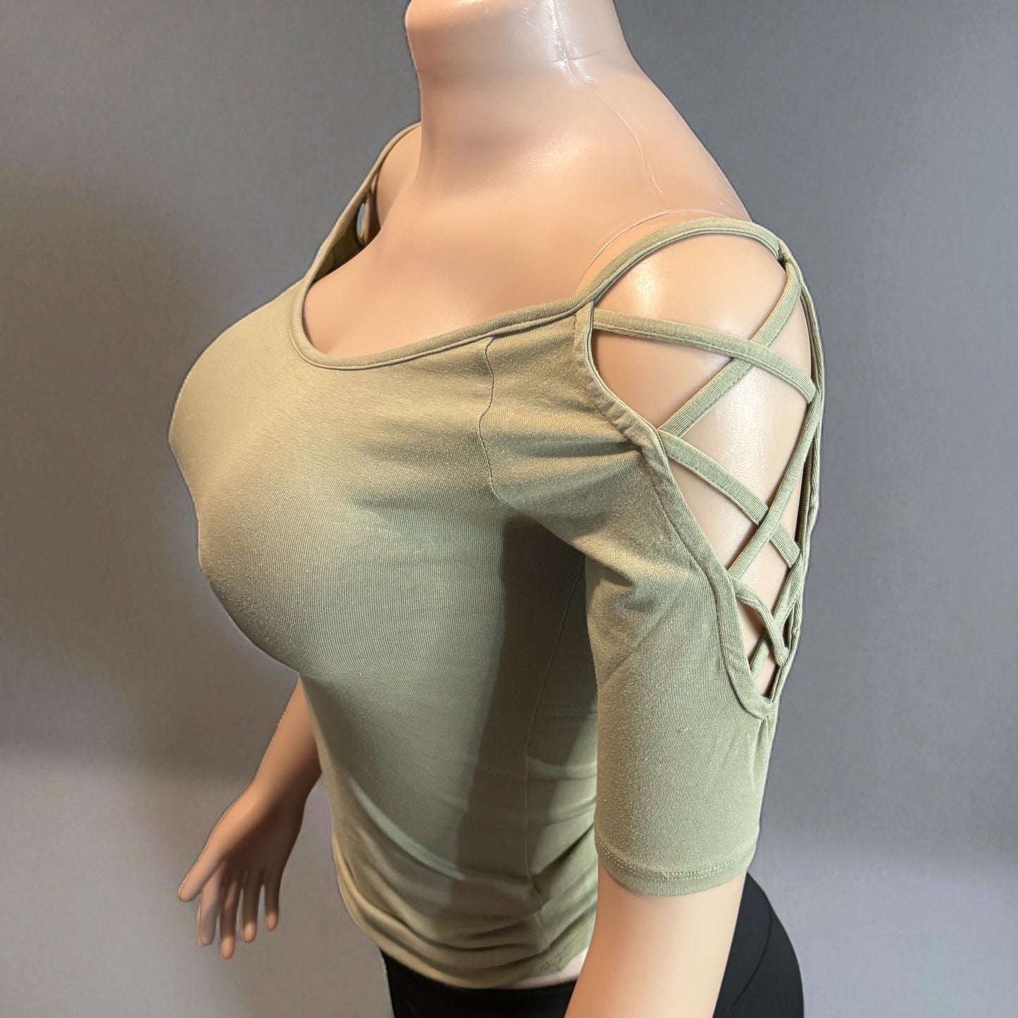 Solid Off Shoulder Top With Strappy Cut Sleeve