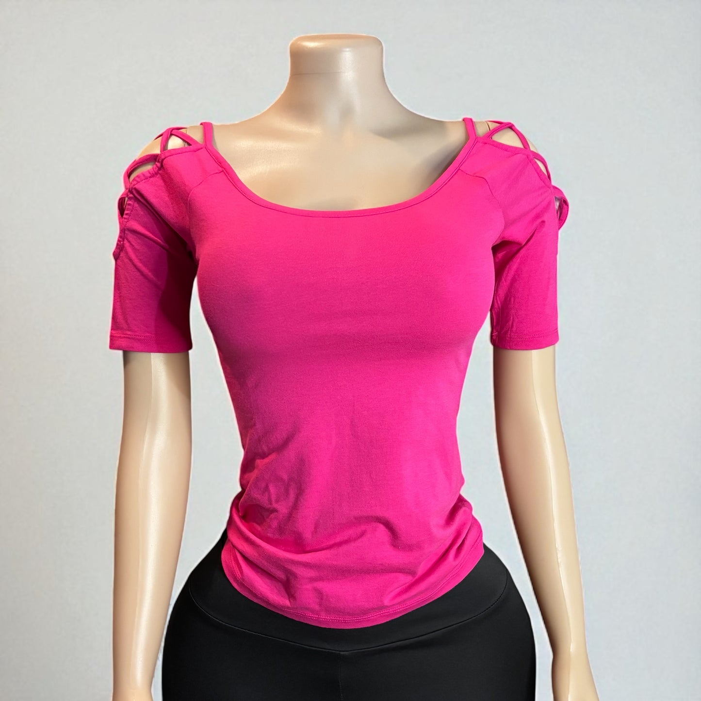 Solid Off Shoulder Top With Strappy Cut Sleeve