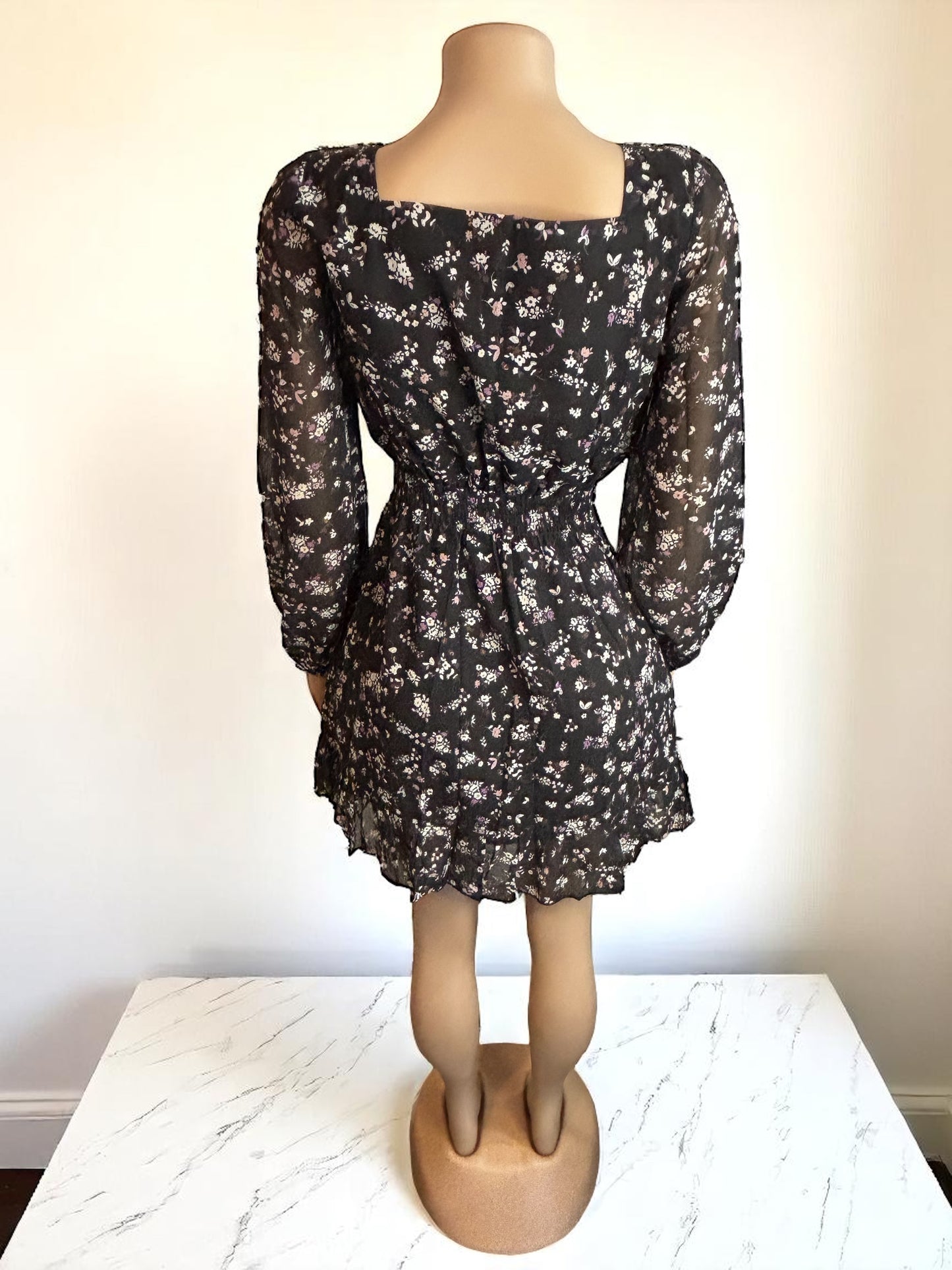Black Ruffled Floral Short Dress