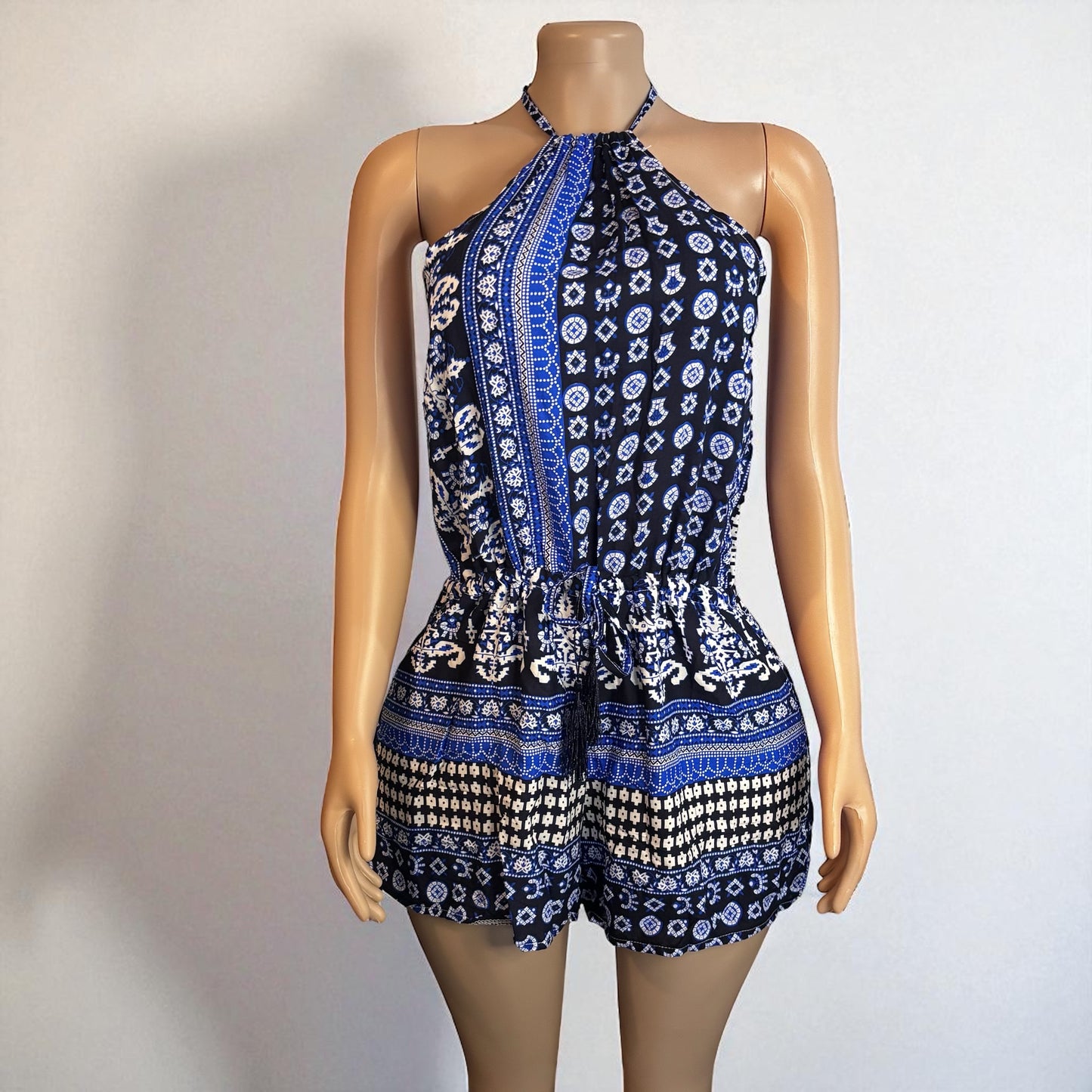 Halter Neck Blue Short Keyhole Romper