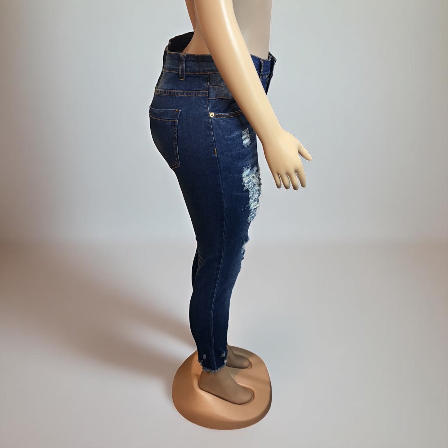 Blue Distressed Raw Hem Denim Pants