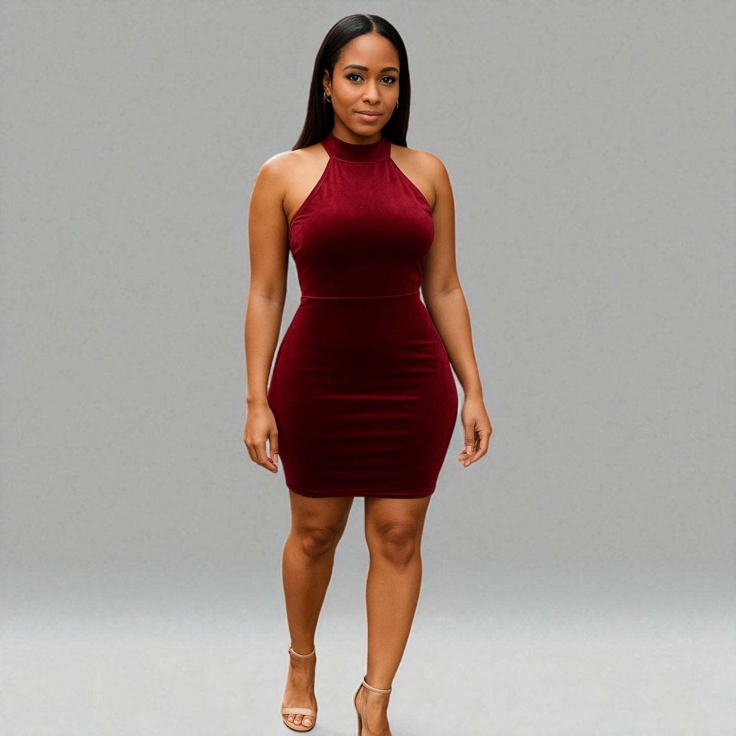 Vestido mini sin mangas de terciopelo con cuello halter para mujer