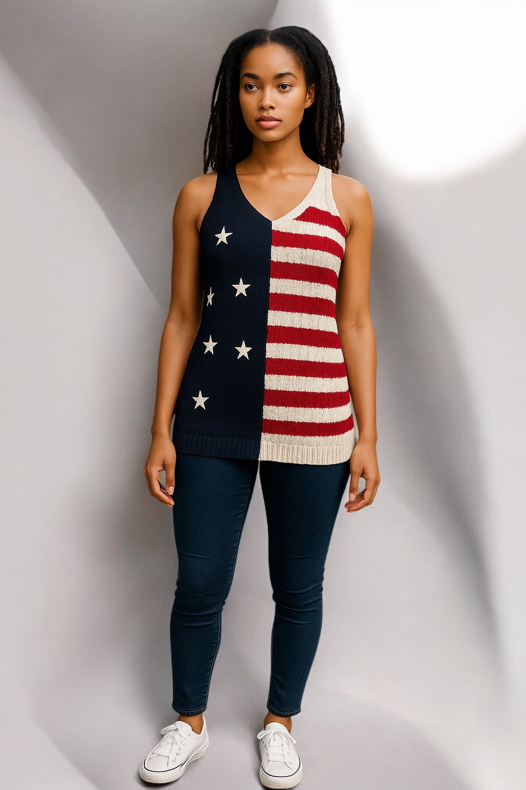 Camiseta de punto con estampado de bandera de estrellas y rayas rojas