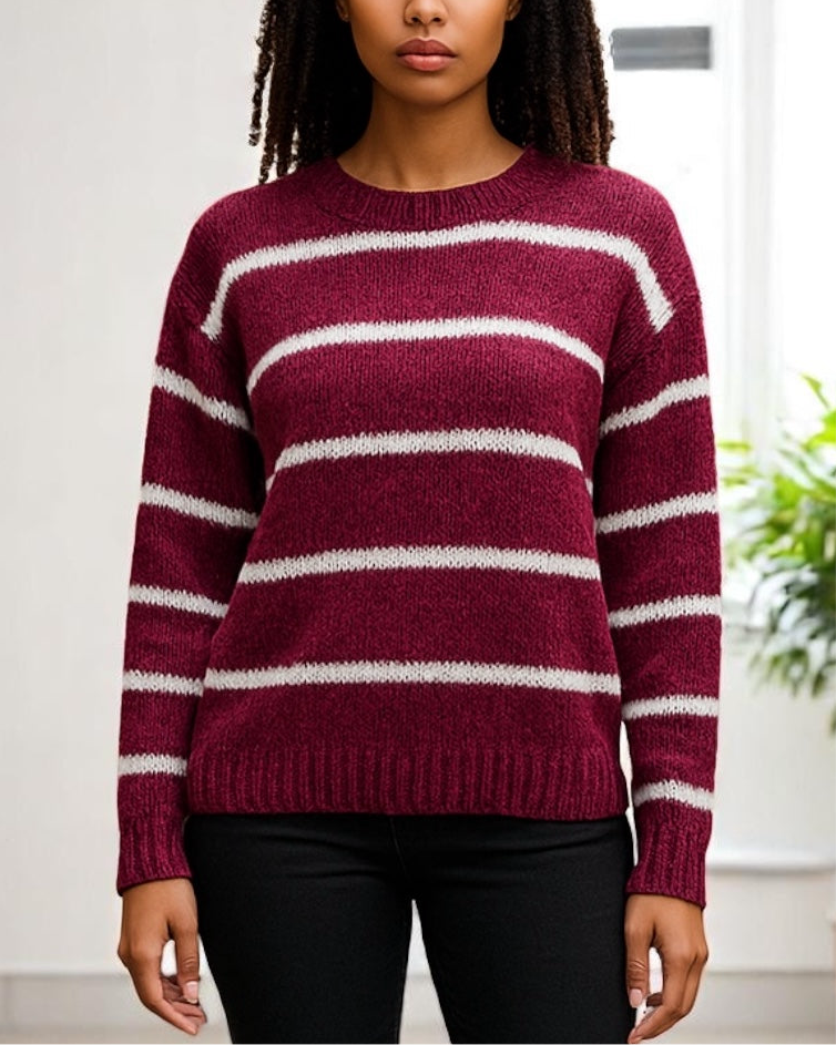 Striped Burgundy Long Sleeve Knit Sweater
