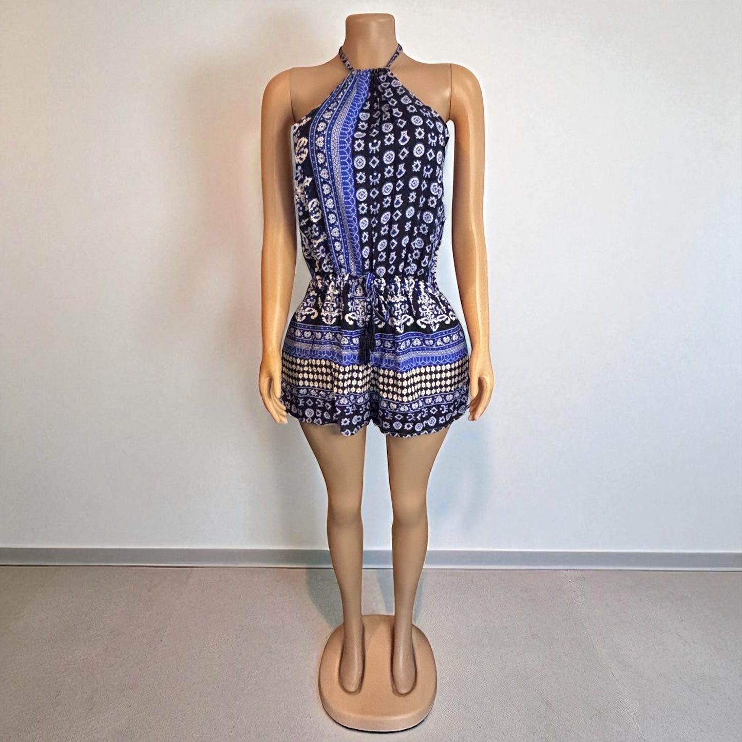 Halter Neck Blue Short Keyhole Romper
