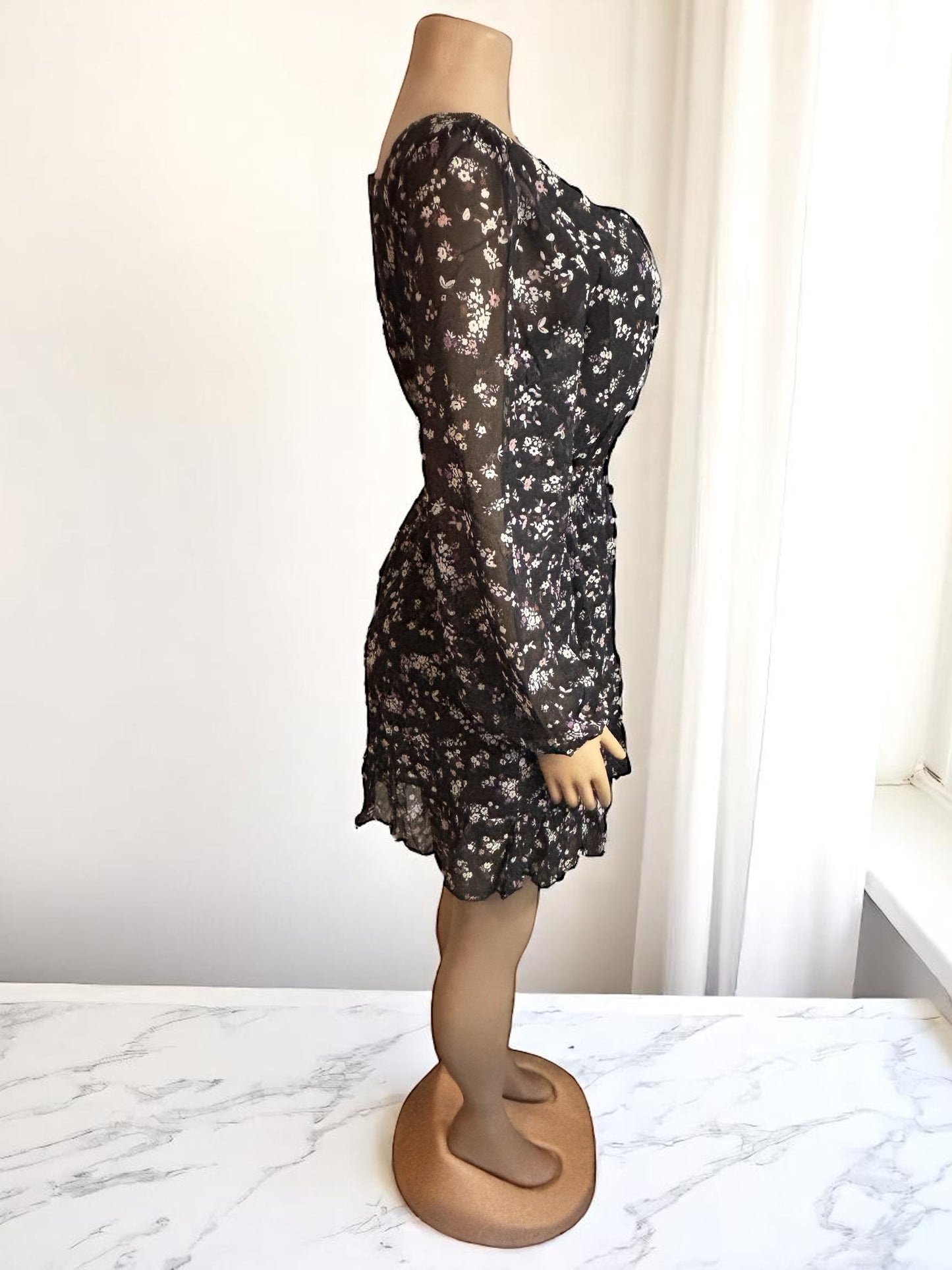 Black Ruffled Floral Short Dress