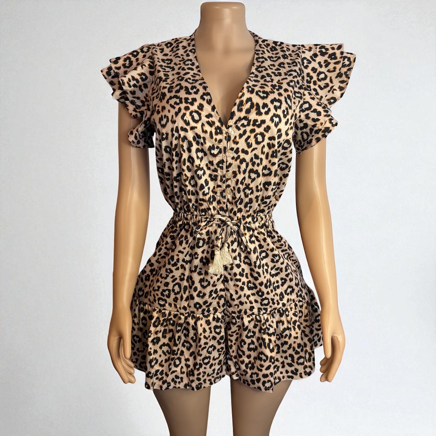 Mono con volantes y botones de leopardo para mujer