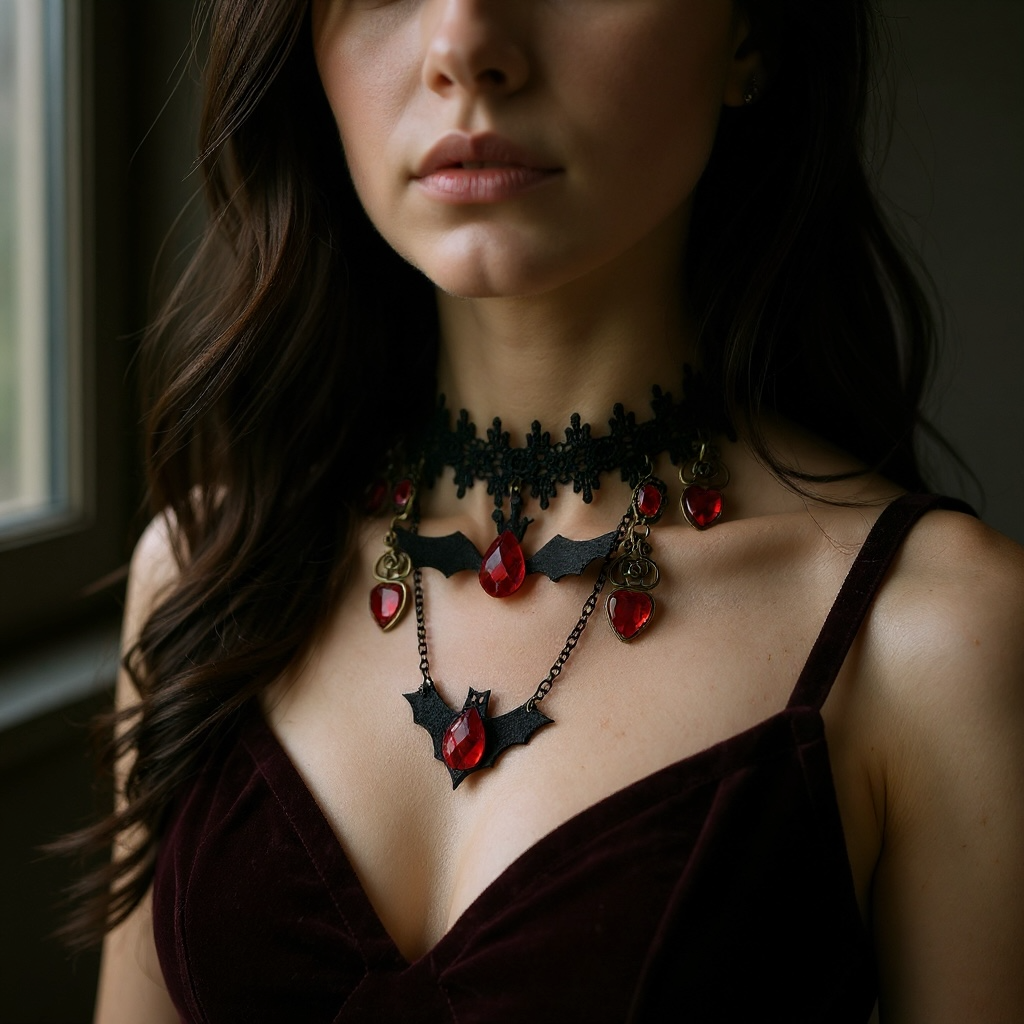 Halloween Bat Choker Necklace with Red Gem Accents