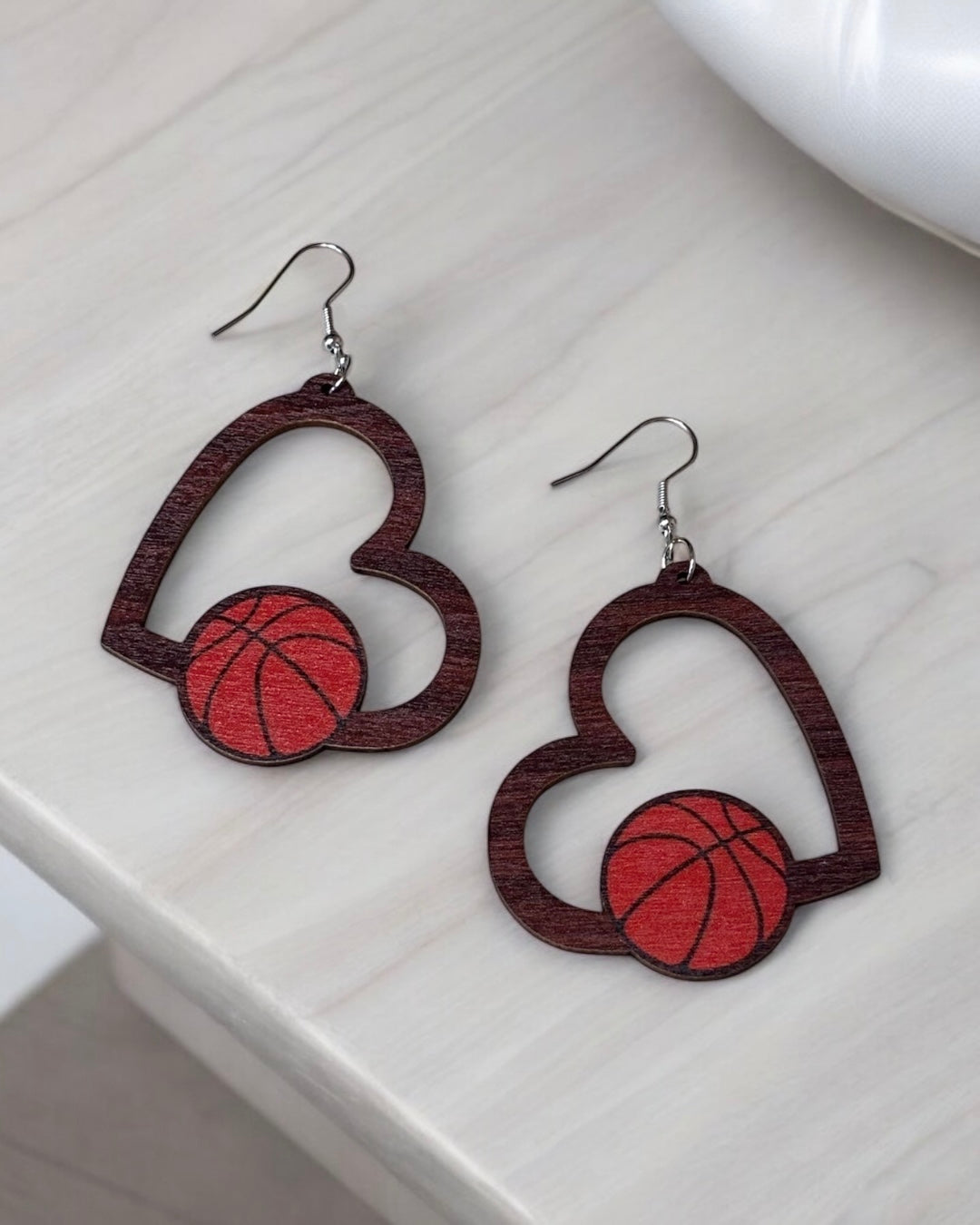 Heart Basketball Wood Earring