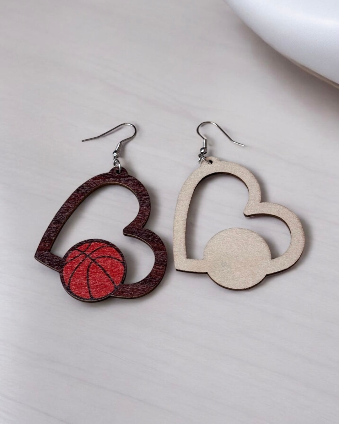 Heart Basketball Wood Earring