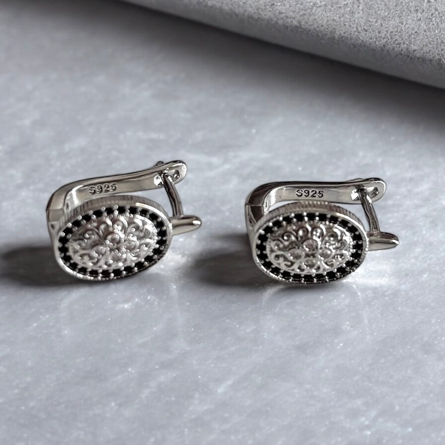 Oval Black Spinel Hoop Earrings
