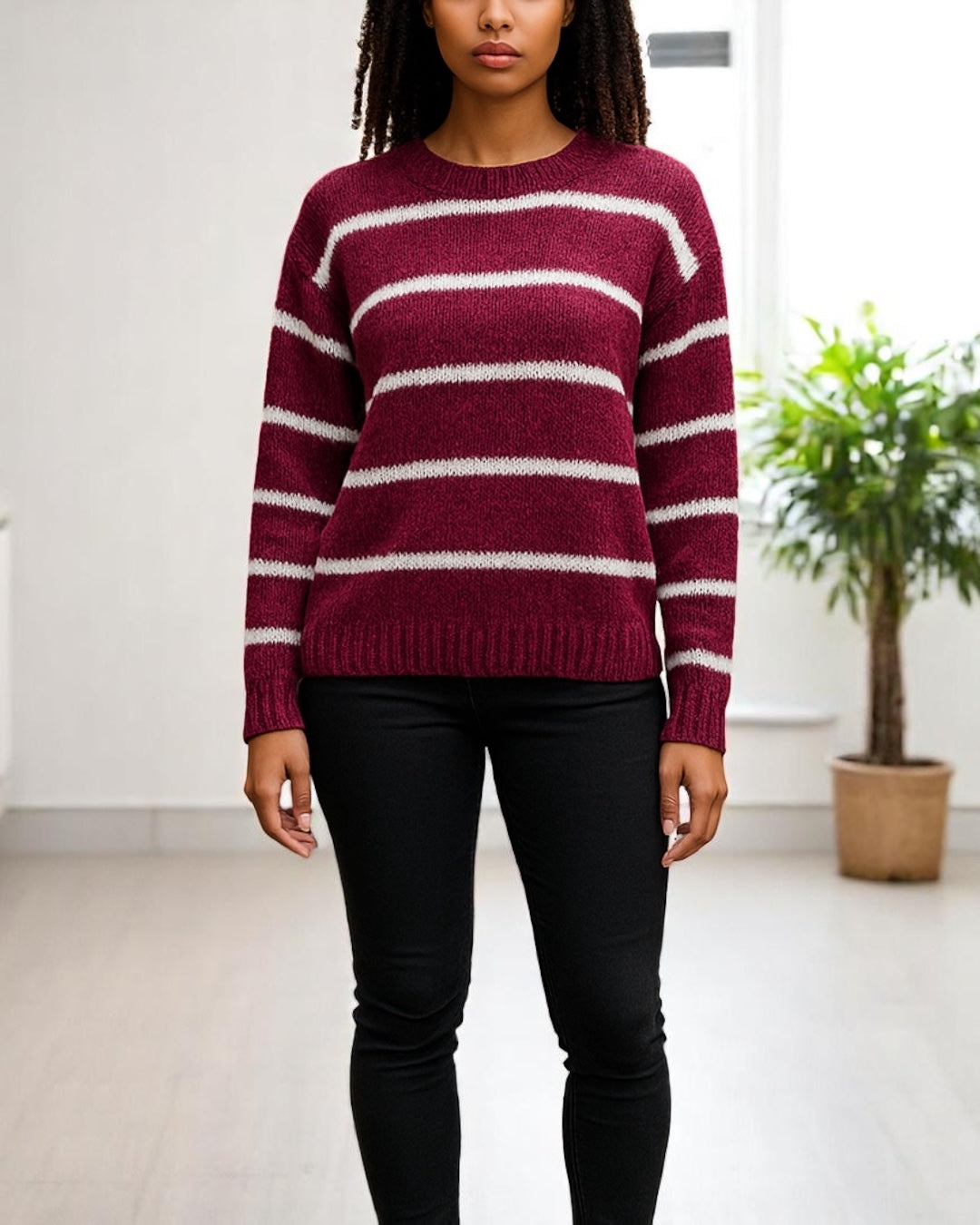 Striped Burgundy Long Sleeve Knit Sweater