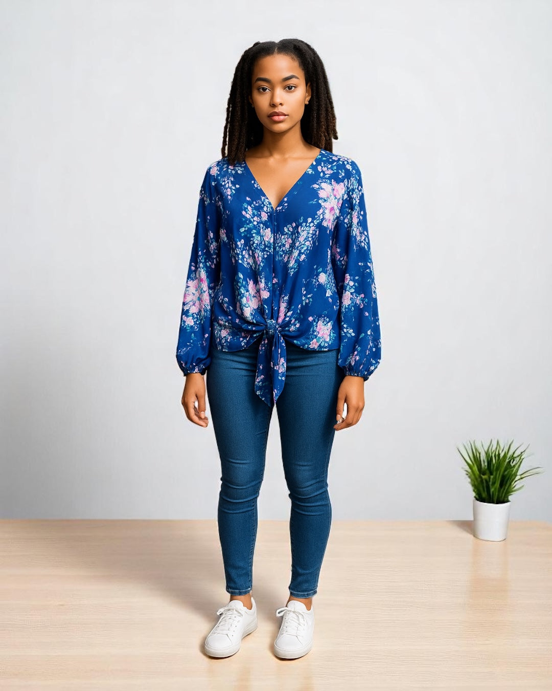 Blusa informal con cuello en V y lazo frontal con estampado floral para mujer