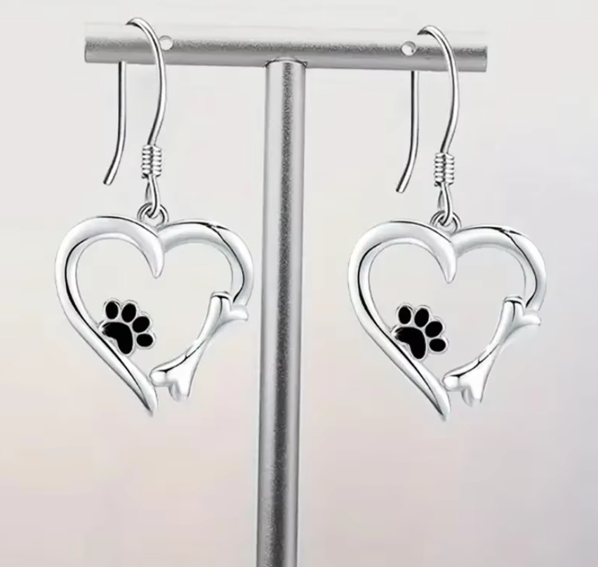 Dog Footprint Heart Drop Earring